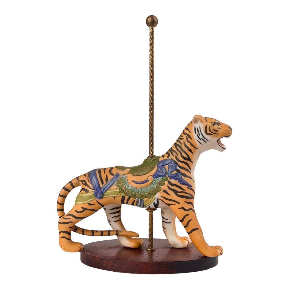 Franklin Mint Tiger Carousel Figurine 7" Porcelain Siberian Cat Figure Wood Base